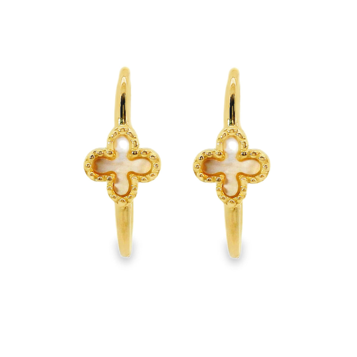 9ct Yellow Gold Huggies With Mother Of Pearl Clover Detail
