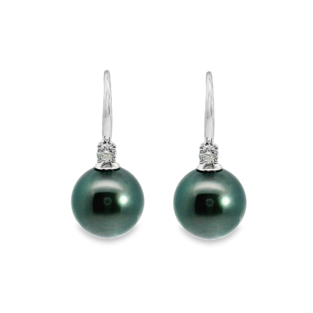 9ct White Gold Tahitian South Sea Pearl And Diamond Hook Earrings