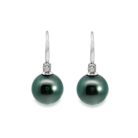 9ct White Gold Tahitian South Sea Pearl And Diamond Hook Earrings