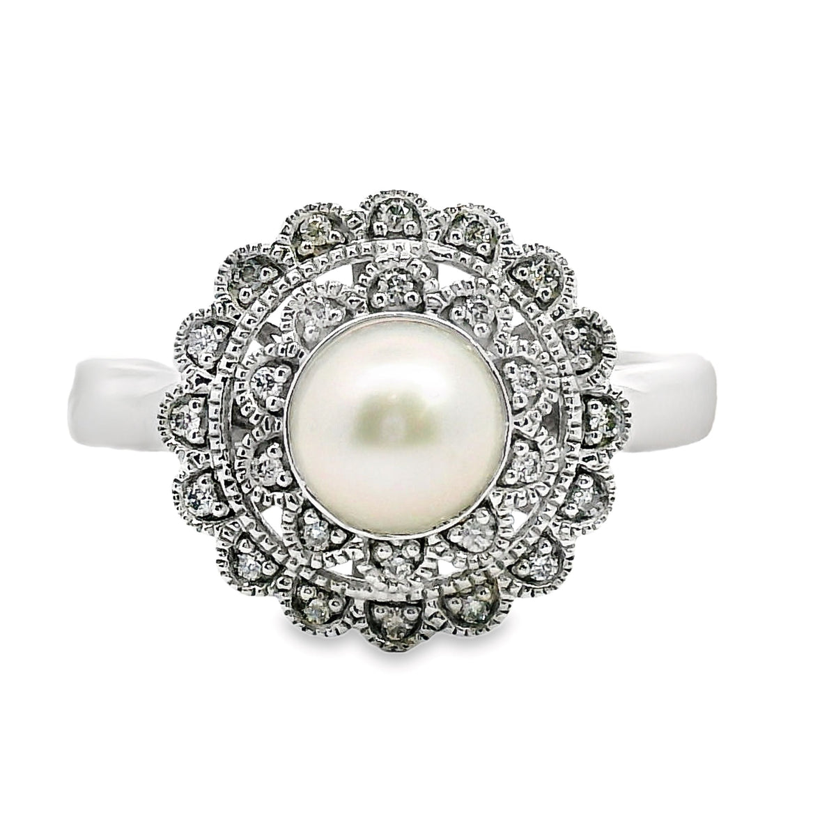 9ct White Gold Freshwater Pearl And Diamond Filigree Dress Ring
