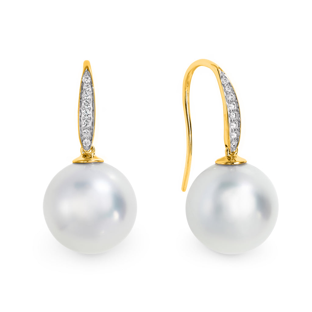 9ct Yellow Gold White South Sea Pearl And Diamond Set Shepherd Hook Earrings