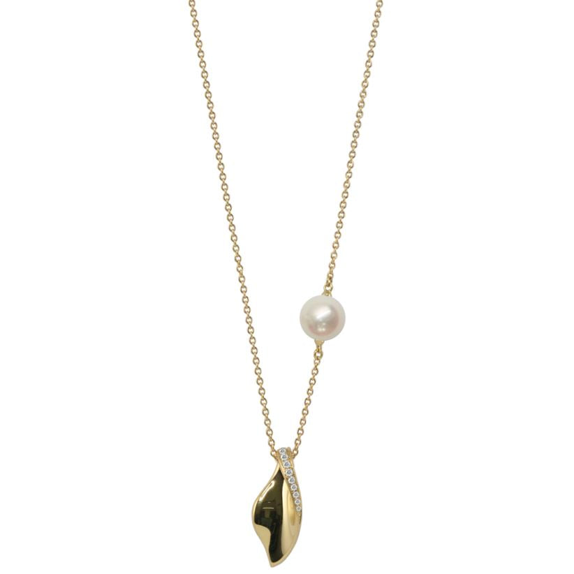 18ct Yellow Gold Akoya Pearl And Diamond Leaf Pendant Necklace