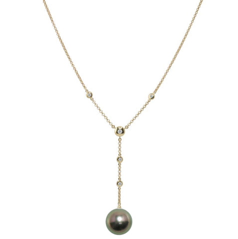 18ct Yellow Gold Tahitian Pearl And Diamond Drop Pendant Necklace