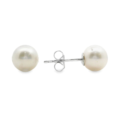 Sterling Silver White Near Round Freshwater Pearl Earrings 7.5 - 8mm