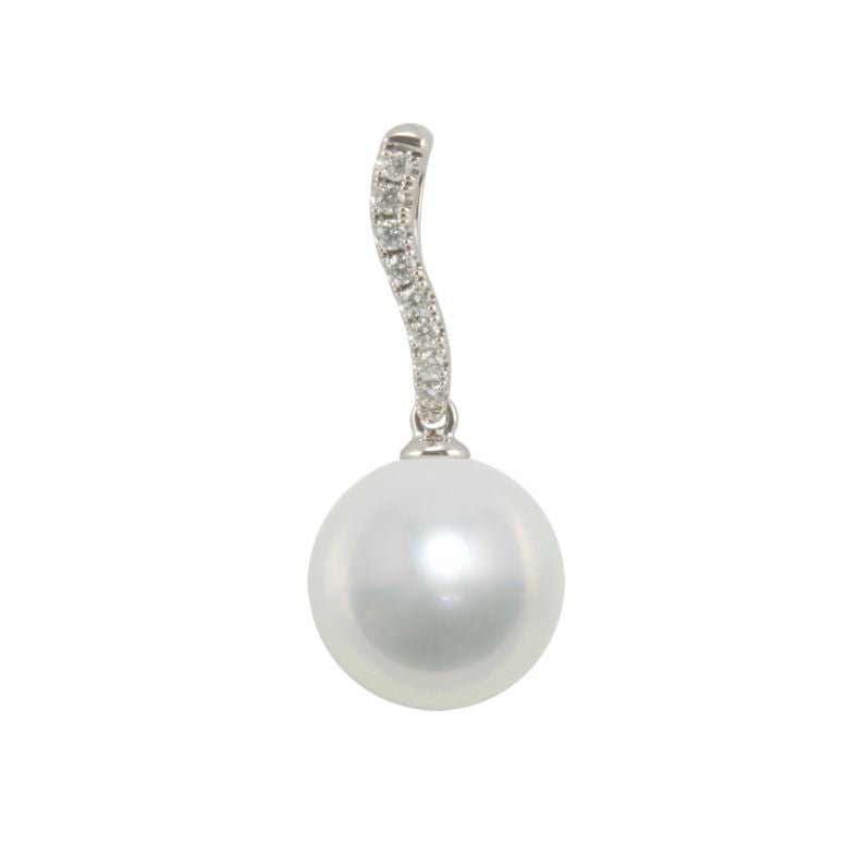 18ct White Gold Curved Diamond set South Sea Pearl Pendant