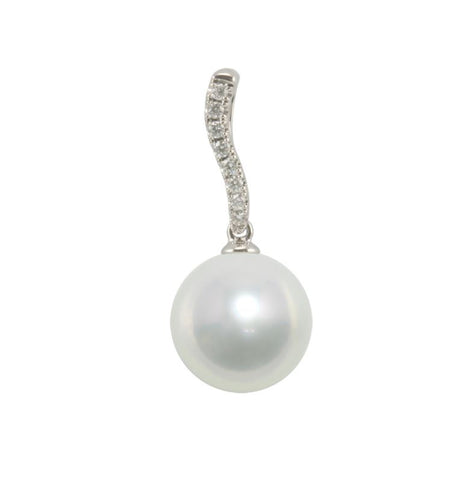 18ct White Gold Curved Diamond set South Sea Pearl Pendant