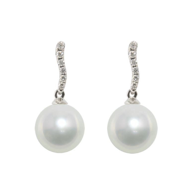 18ct White Gold Diamond And South Sea Pearl Curved Drop Stud Earrings