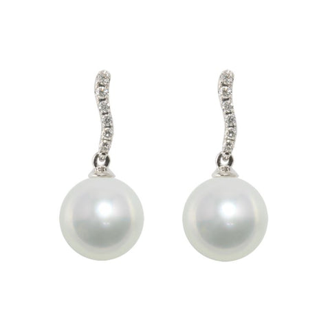 18ct White Gold Diamond And South Sea Pearl Curved Drop Stud Earrings