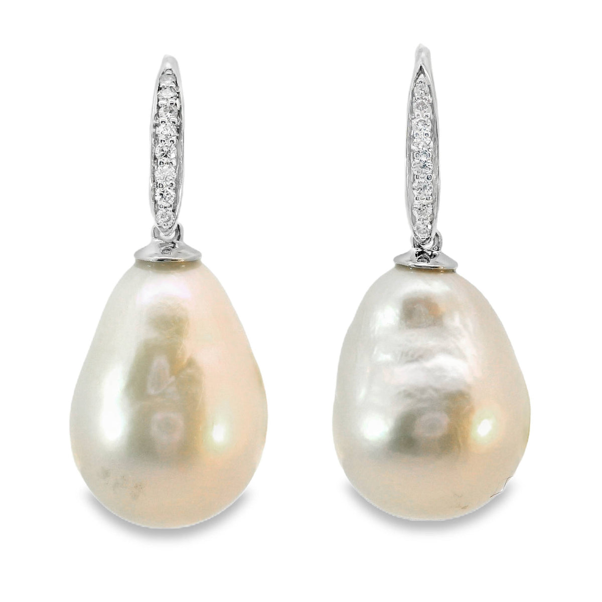 9ct White Gold Baroque Freshwater Pearl And Diamond Hook Earrings