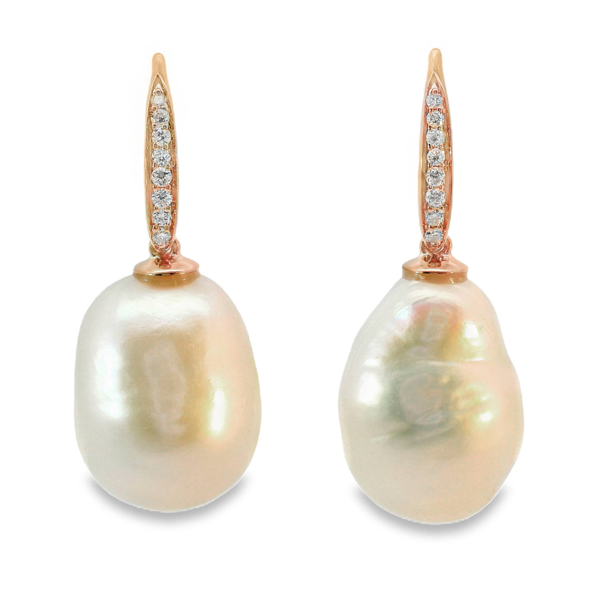 9ct Rose Gold Baroque Freshwater Pearl And Diamond Hook Earrings
