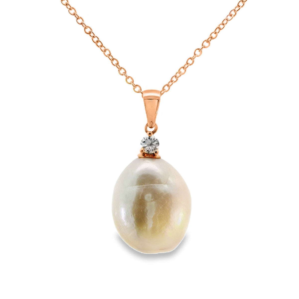 9ct Rose Gold Baroque Freshwater Pearl And Lab Diamond Pendant