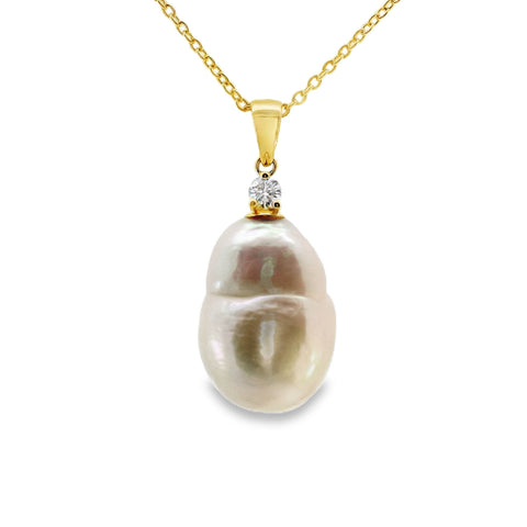 9ct Yellow Gold Baroque Freshwater Pearl And Lab Diamond Pendant