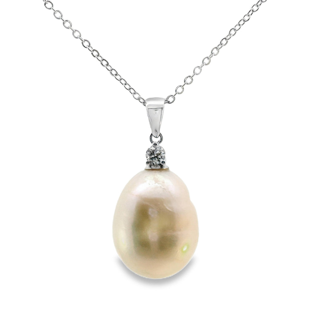 9ct White Gold Baroque Freshwater Pearl And Lab Diamond Pendant