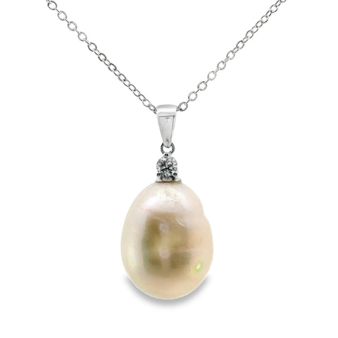 9ct White Gold Baroque Freshwater Pearl And Lab Diamond Pendant