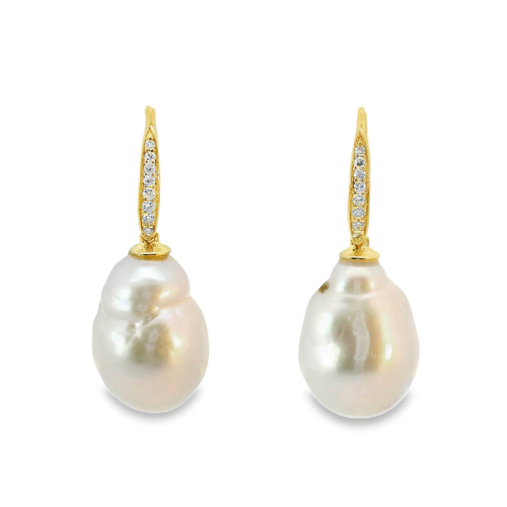 9ct Yellow Gold Baroque Freshwater Pearl And Lab Diamond Hook Earrings