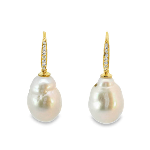 9ct Yellow Gold Baroque Freshwater Pearl And Lab Diamond Hook Earrings