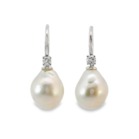 9ct White Gold Baroque Freshwater Pearl And Lab Diamond Earrings
