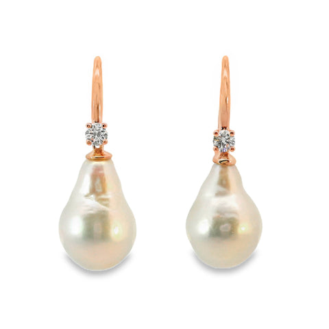9ct Rose Gold Baroque Freshwater Pearl And Lab Diamond Hook Earrings