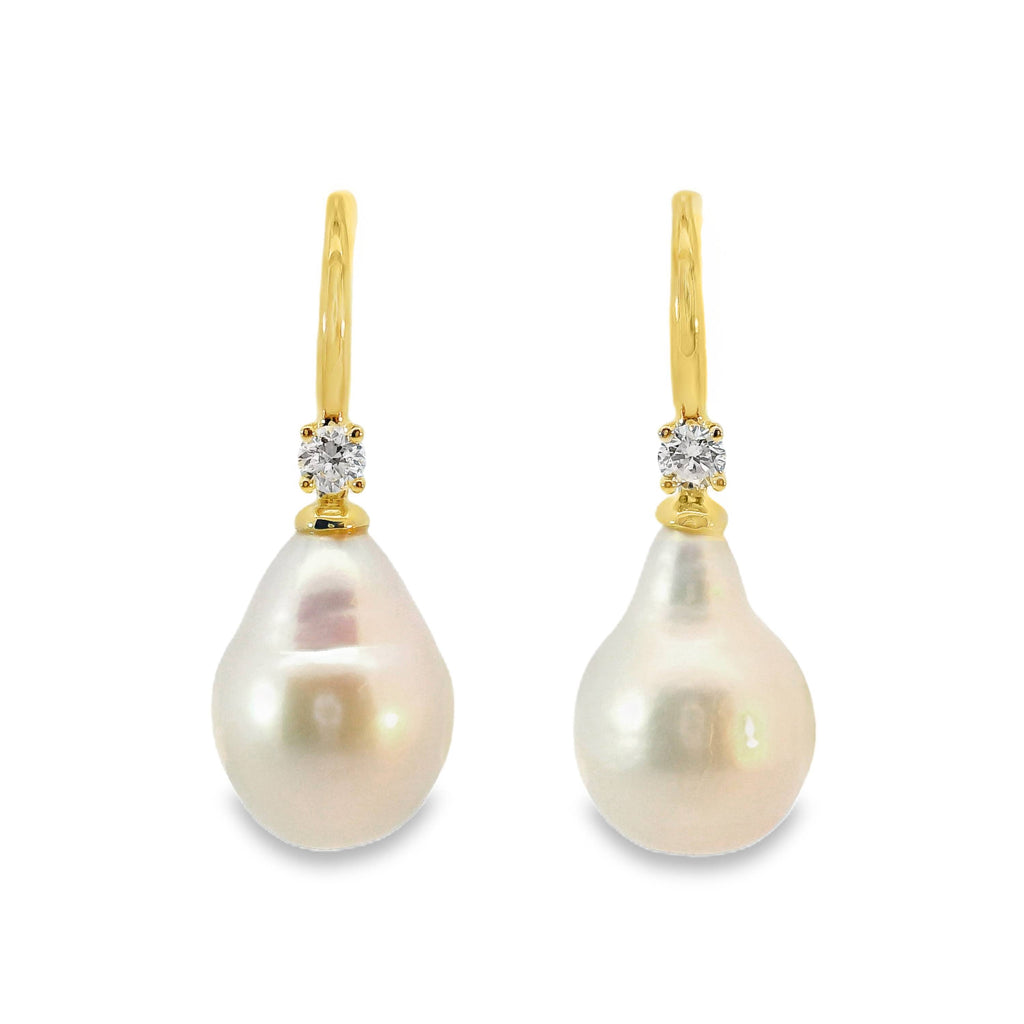 9ct Yellow Gold Baroque Freshwater Pearl And Lab Diamond Hook Earrings