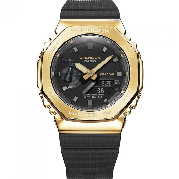 G Shock Duo Stay Gold Alarm, S/W, 200M, Blk LCD/Gold Case, Blk Resin Band