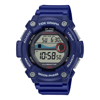Casio Digital Tide, 10Y Batt Multi Alarm, 100M WR Blue Resin Band