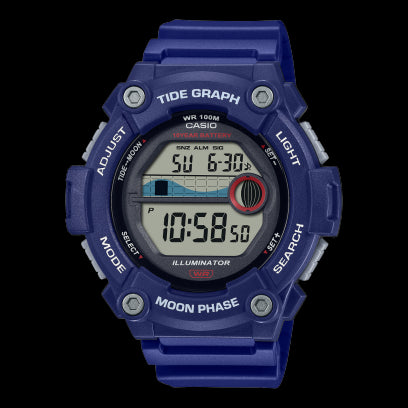 Casio Digital Tide, 10Y Batt Multi Alarm, 100M WR Blue Resin Band