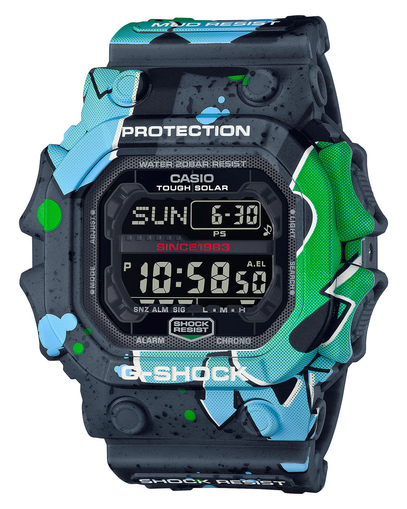 G Shock Dig 40th Anniv Street Alarm, S/W, 200M WR, Blk Lcd, Blk & Blue Pattern