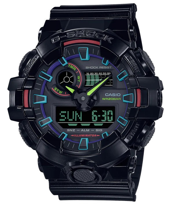 G shock duo gamers RGB COLL LED, W/Time, alarm, S/W, 200m rainbow on blk bezel & band, res