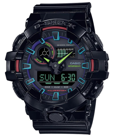 G shock duo gamers RGB COLL LED, W/Time, alarm, S/W, 200m rainbow on blk bezel & band, res