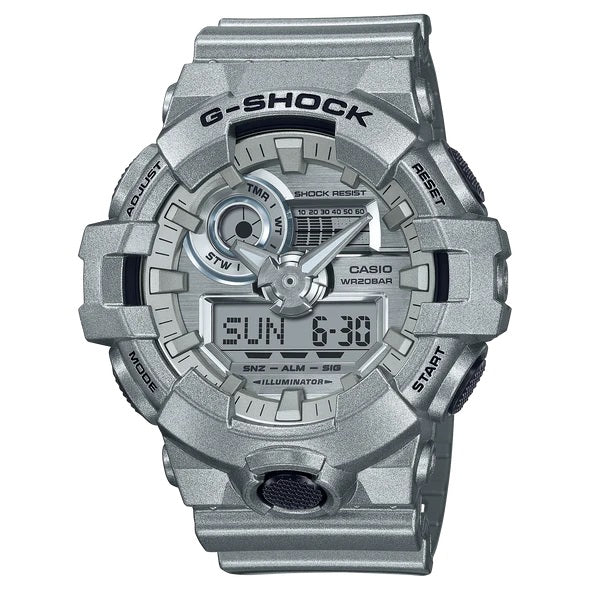 G SHOCK DUO FORGOTTEN FUTURE W/TIME, ALARM, S/W, 200M WR METALLIC SILVER FACE, RESIN BAND