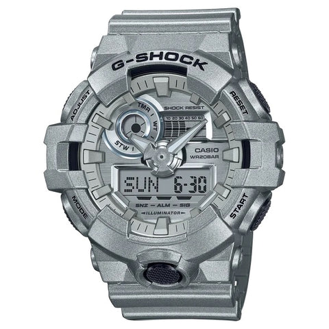 G SHOCK DUO FORGOTTEN FUTURE W/TIME, ALARM, S/W, 200M WR METALLIC SILVER FACE, RESIN BAND