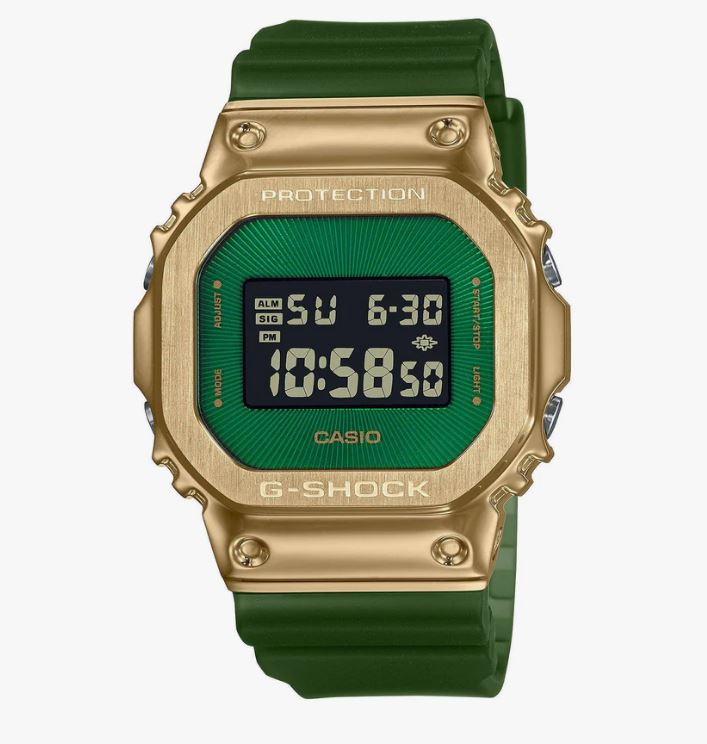 G shock dig classy off-road LED, s/watch, alarm, 200m WR gold case, green resin band