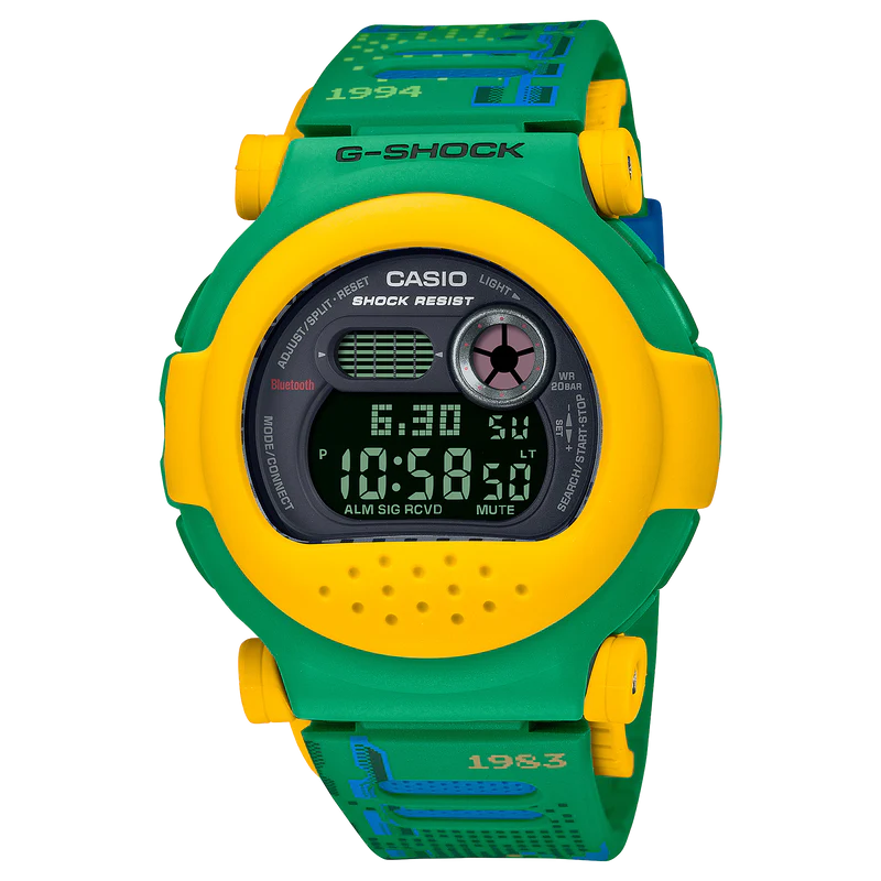 G shock DIG 8-bit retro vibes B/T, w/time, S/W, alarm, 200m YLW/GRN case, extra BLK case