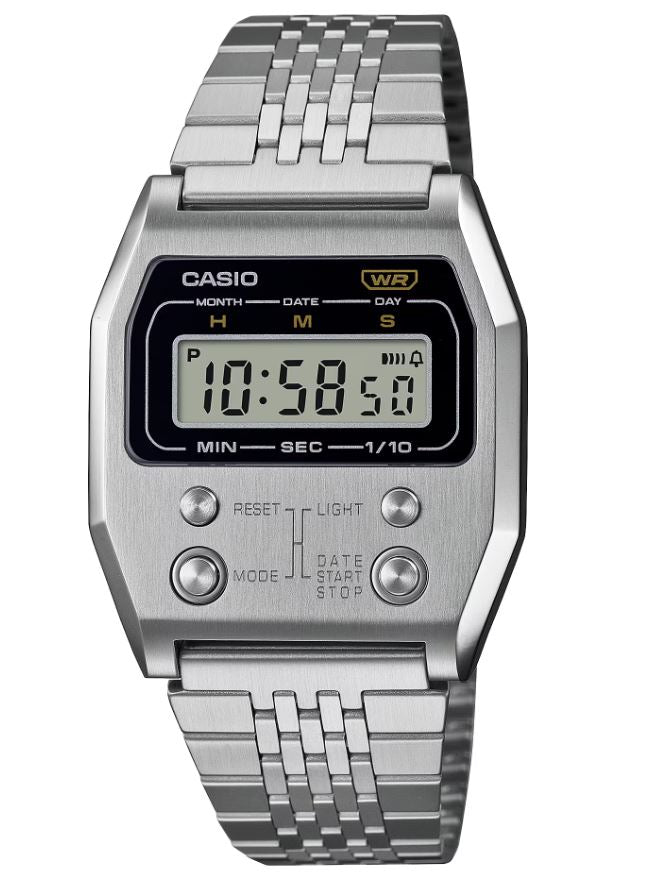 Casio premium vintage FRT BTTN LED, S/W, alarm, WR stainless steel case & band