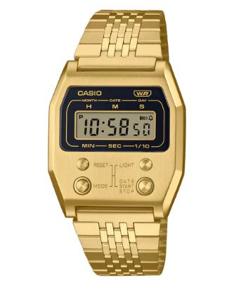 Casio premium vintage FRT BTTN LED, S/W, alarm, WR gold plated s/steel case & band