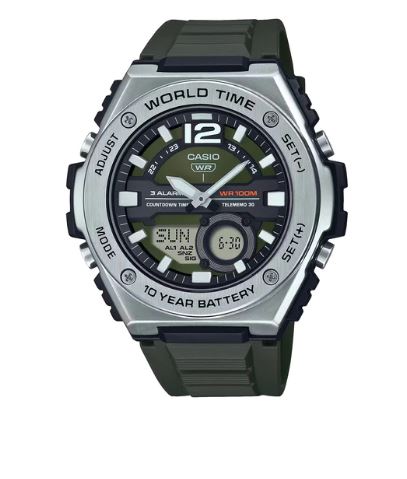 Casio gents duo motif combi telememo, w/time, s/w, 100m grn face, silv case blk resin