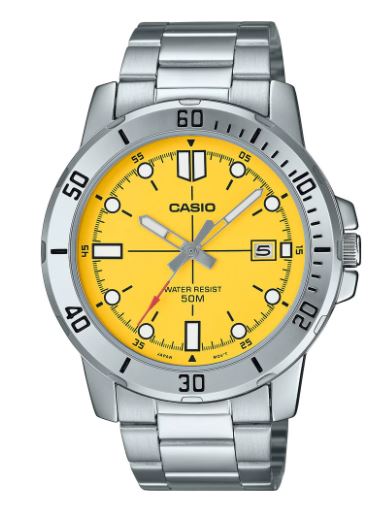 Casio Gents Analogue Watch With Yellow Face MTPVD01D-9E
