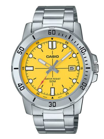 Casio Gents Analogue Watch With Yellow Face MTPVD01D-9E