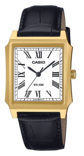 Casio Analogue Square Black Leather Band Watch MTPB190GL-7B