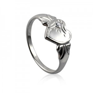 Stirling Silver April Birthstone Single Heart Signet Ring with White Cz