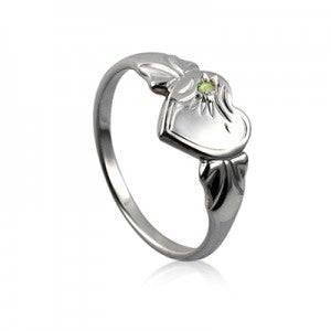 Stirling Silver August Birthstone Single Heart Signet Ring with Peridot Cz