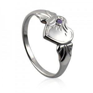 Sterling Silver February Birthstone Single Heart Signet Ring