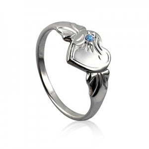 Stirling Silver December Birthstone Single Heart Signet Ring with Blue Zircon Cz