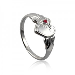 Stirling Silver July Birthstone Single Heart Signet Ring with Ruby Cz