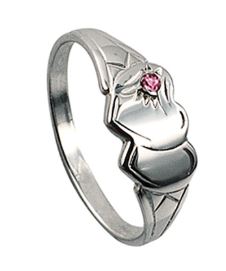 Sterling Silver Double Heart Pink Stone Signet Ring