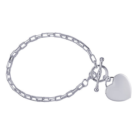 Sterling Silver Italian Cable Link Bracelet With T-Bar And Heart