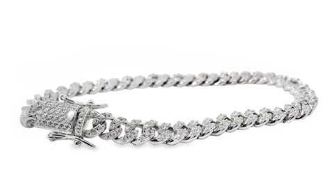 Sterling Silver Pave Set CZ Cuban Chain Bracelet 19cm