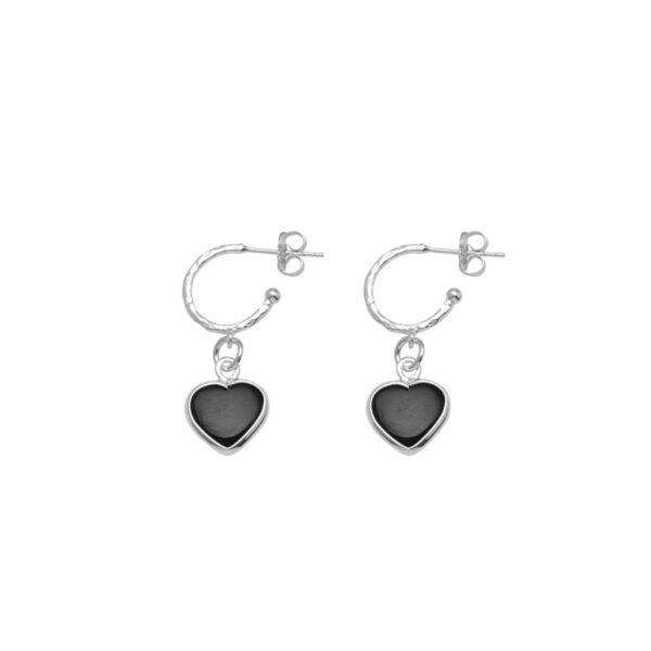 VT HAMMERED HOOP EARRINGS WITH BLACK ONYX HEARTS (2MM X 10MM)