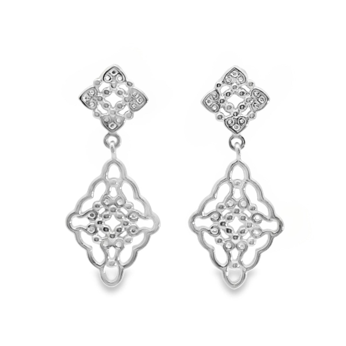 Aime-Toi Sterling Silver Filigree Diamond Shaped Stud Drop Earrings