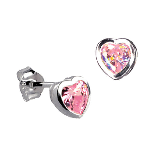 Sterling Silver Pink Cubic Zirconia Heart Stud Earrings